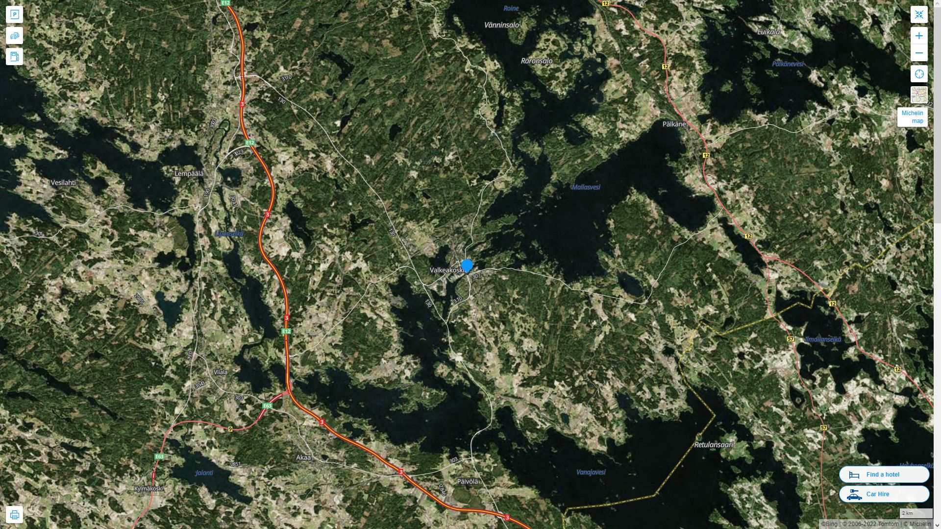 Valkeakoski Finlande Autoroute et carte routiere avec vue satellite